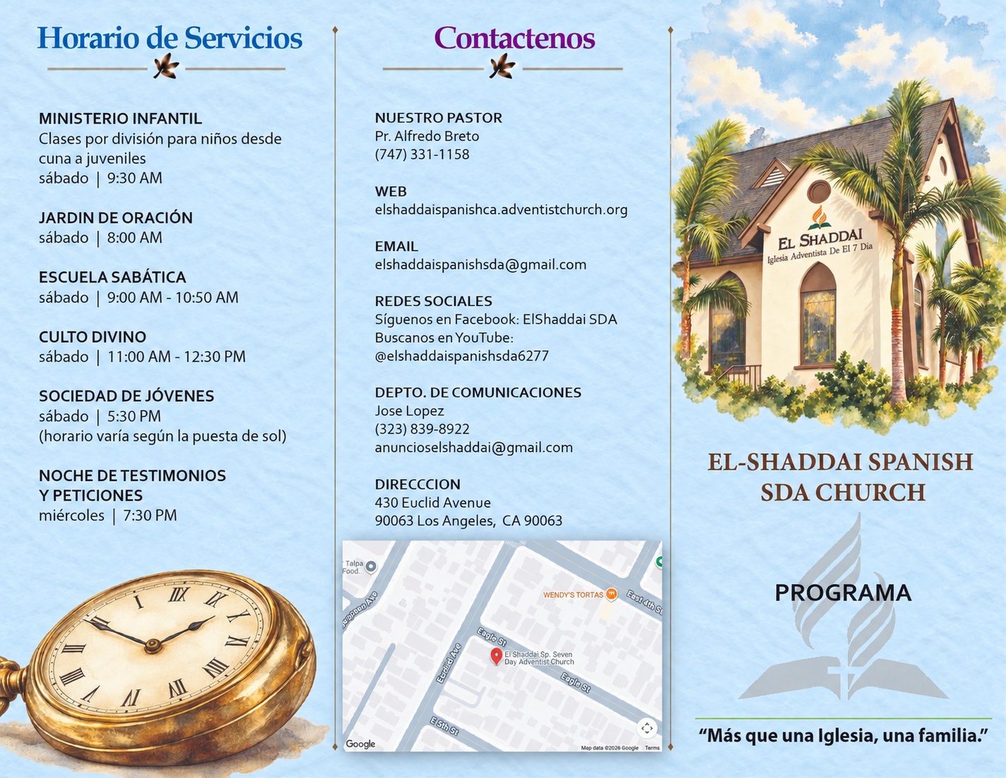 Boletín El Shaddai: exterior, horario de servicios y contacto