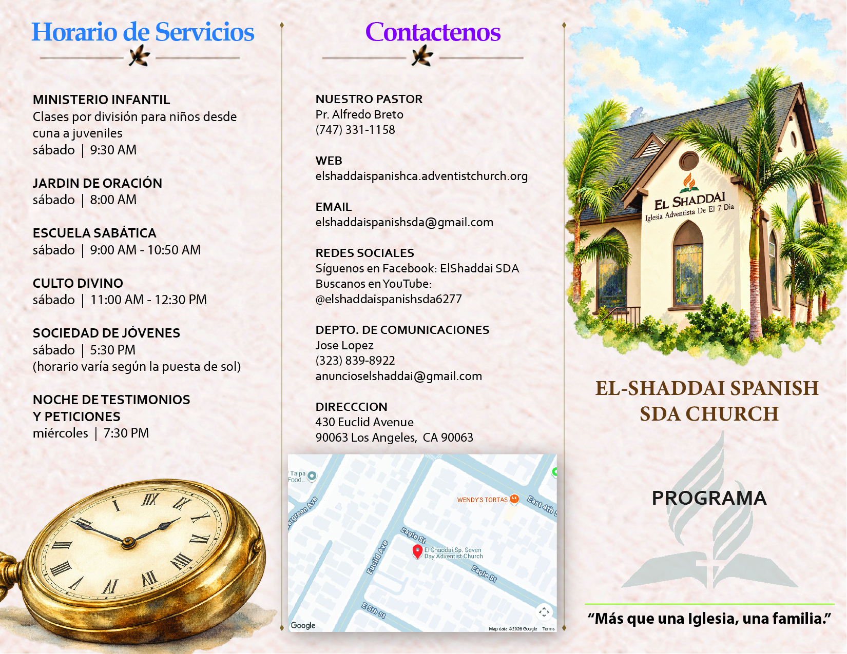 Boletín El Shaddai: exterior, horario de servicios y contacto